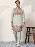 Great Pista Green Sequins Work Viscose Silk Event Wear Men's Kurta Set