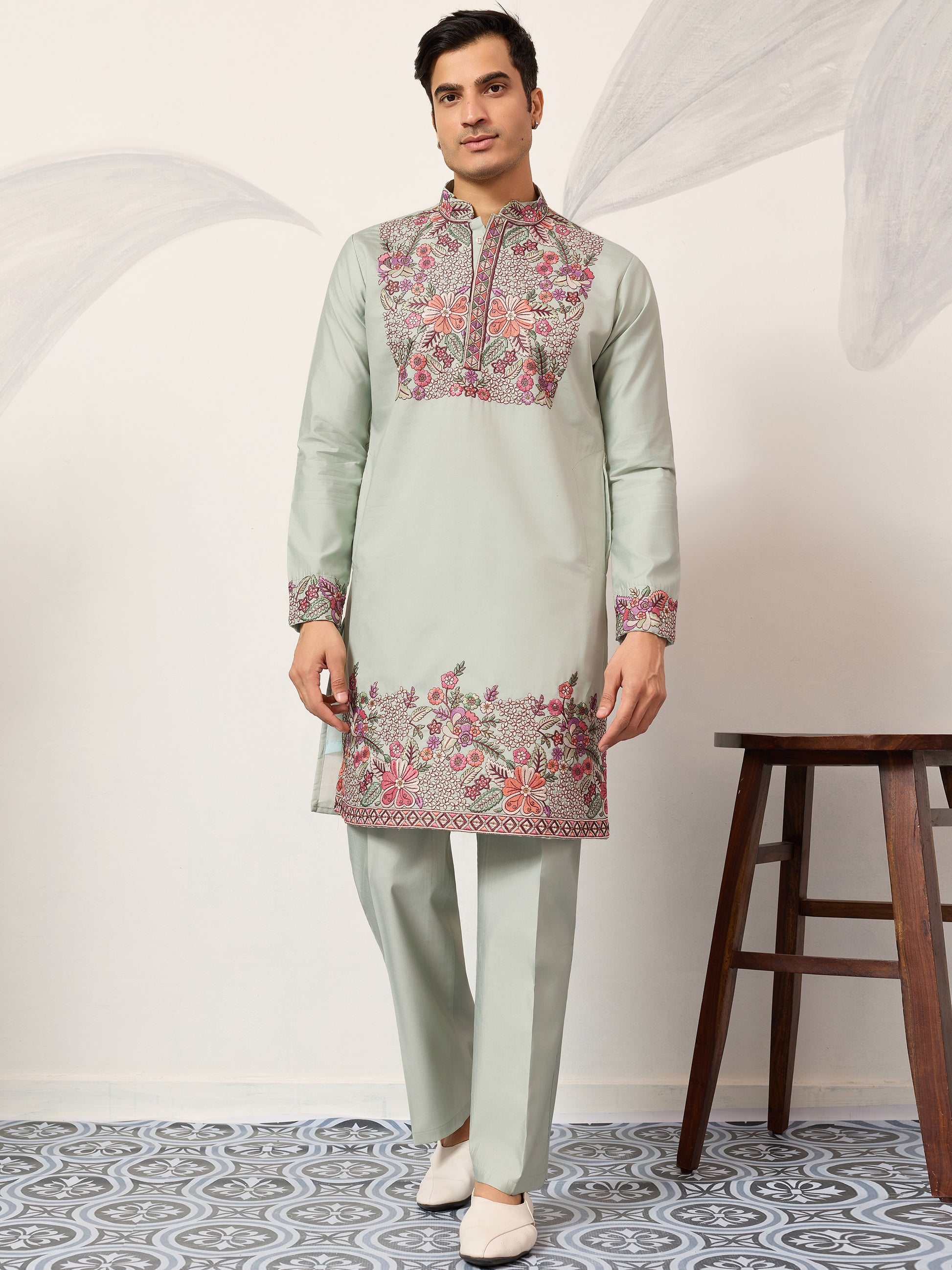 Great Pista Green Sequins Work Viscose Silk Event Wear Men's Kurta Set