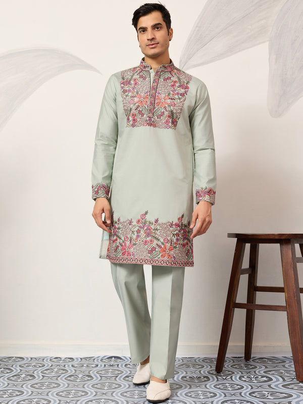 Great Pista Green Sequins Work Viscose Silk Event Wear Men's Kurta Set