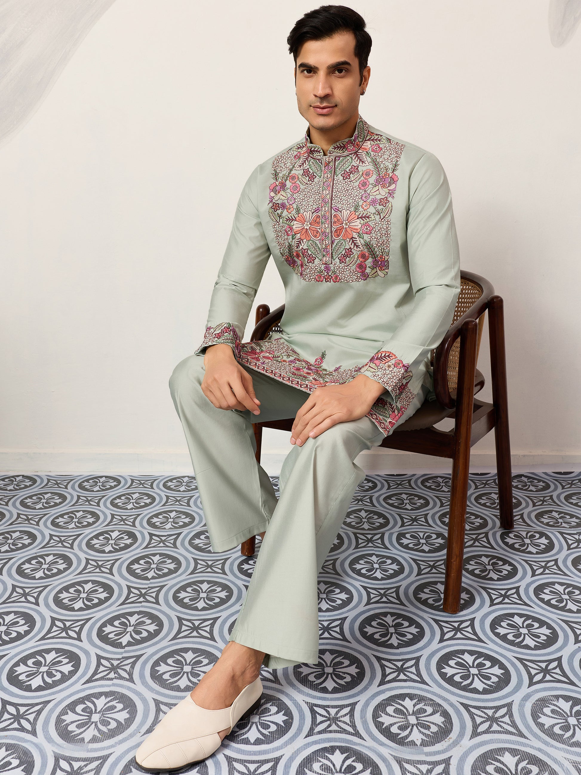 Great Pista Green Sequins Work Viscose Silk Event Wear Men's Kurta Set