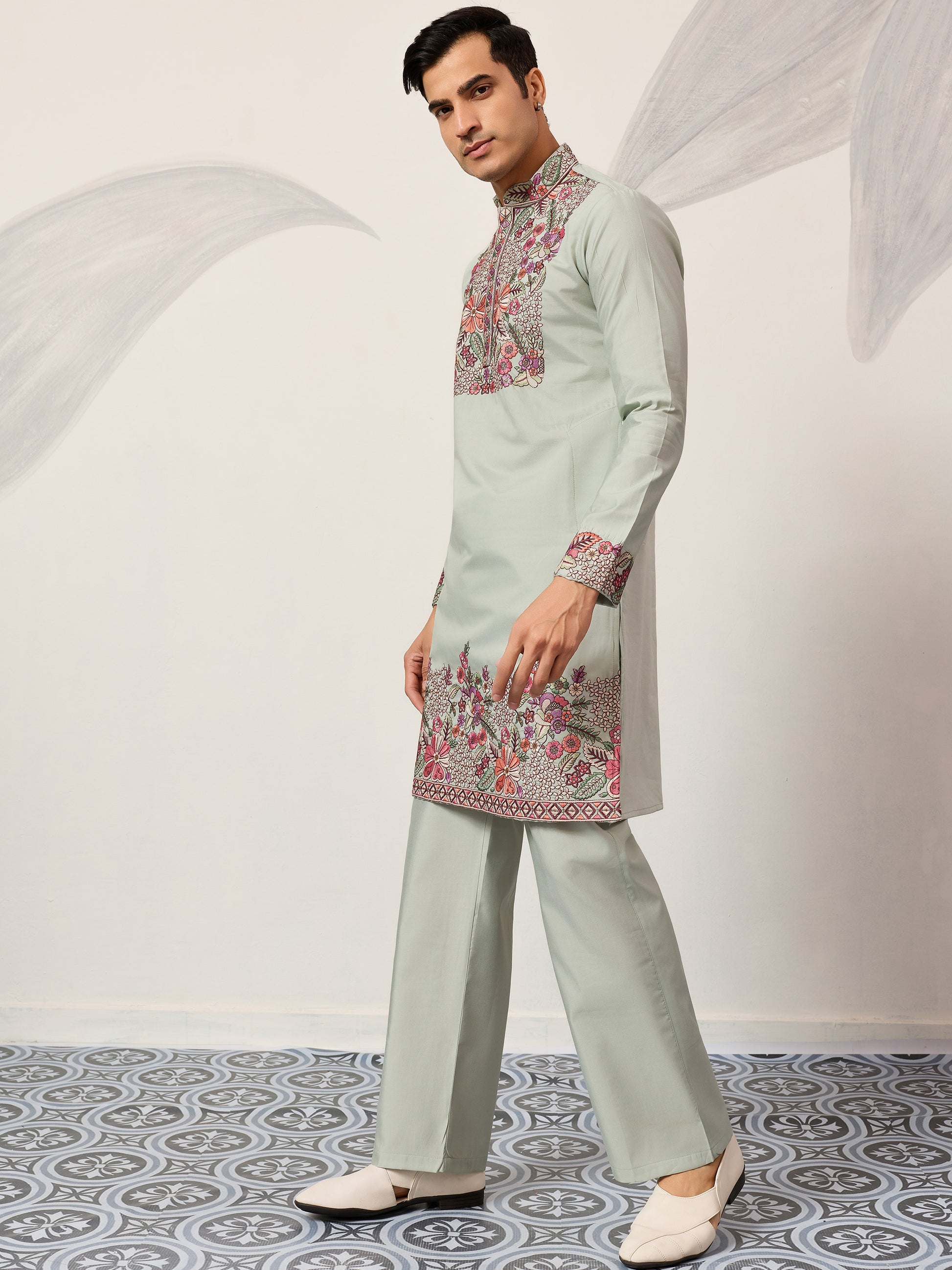 Great Pista Green Sequins Work Viscose Silk Event Wear Men's Kurta Set