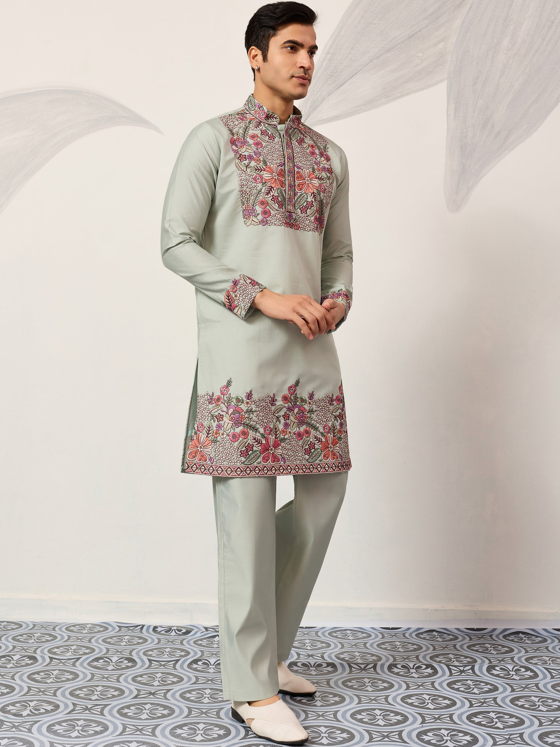 Great Pista Green Sequins Work Viscose Silk Event Wear Men's Kurta Set