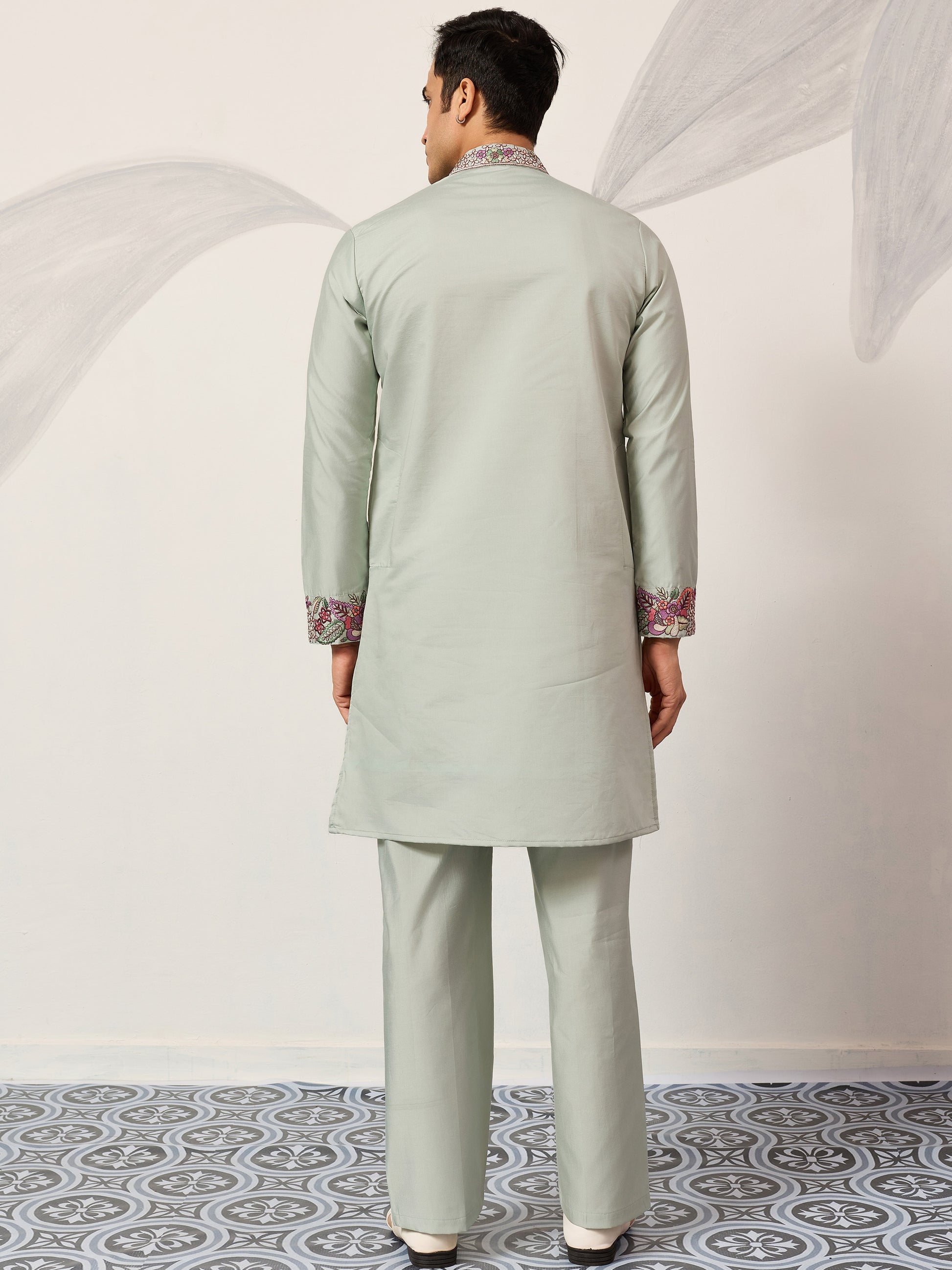 Great Pista Green Sequins Work Viscose Silk Event Wear Men's Kurta Set