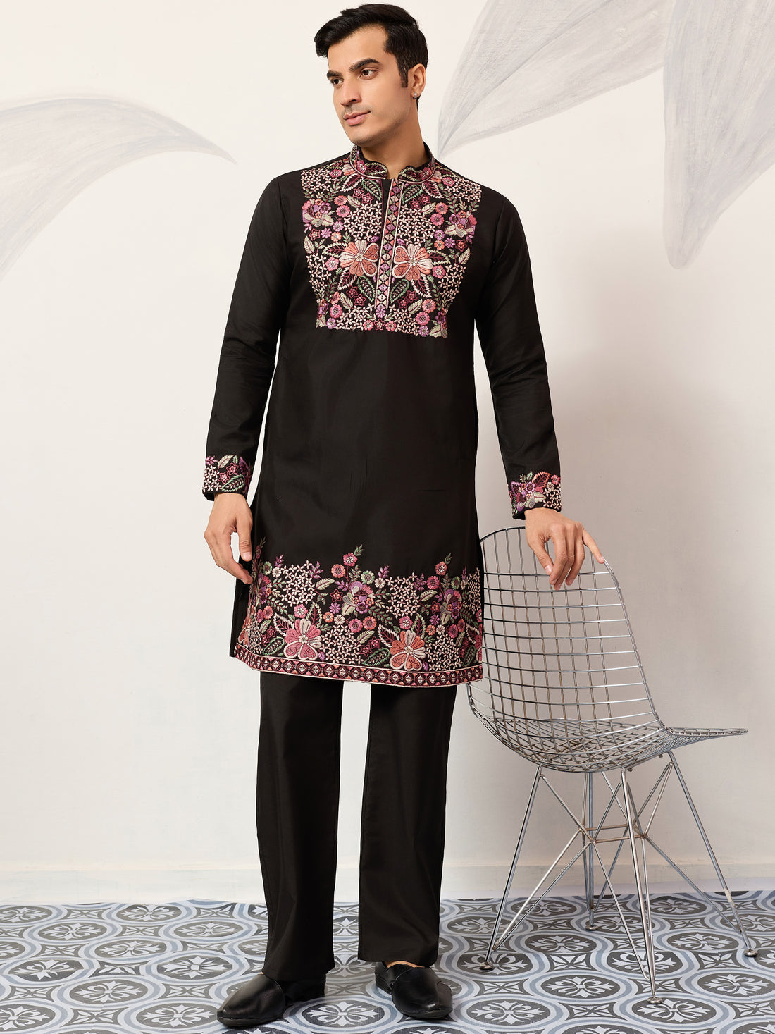 Wonderful Black Thread Work Viscose Silk Evening Wear Men's Kurta Set