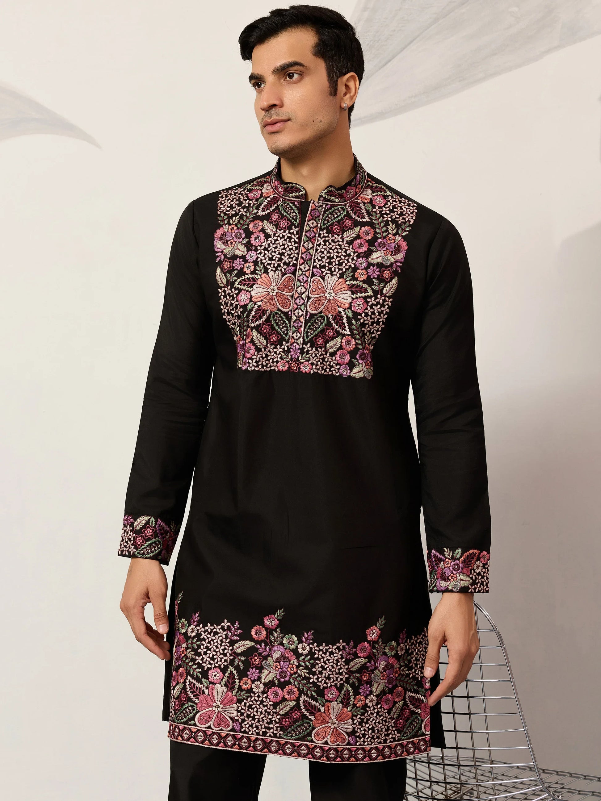 Wonderful Black Thread Work Viscose Silk Evening Wear Men's Kurta Set