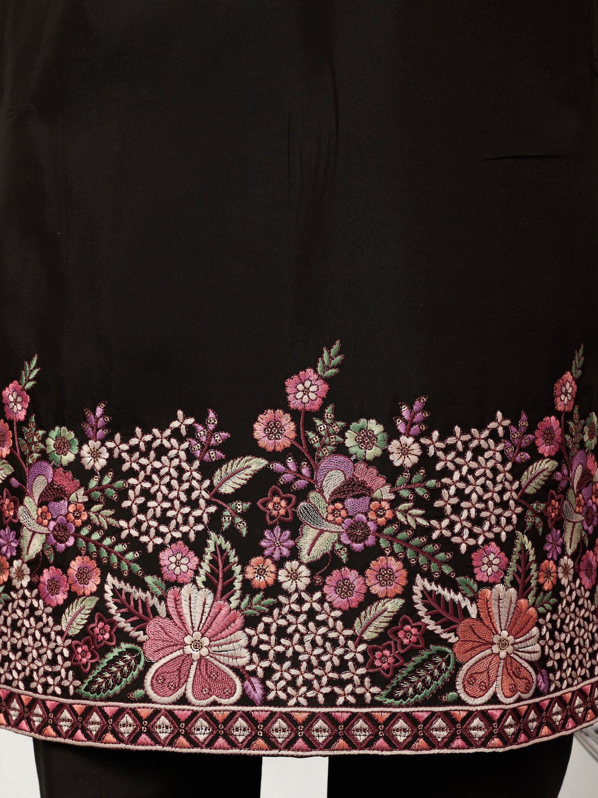 Wonderful Black Thread Work Viscose Silk Evening Wear Men's Kurta Set