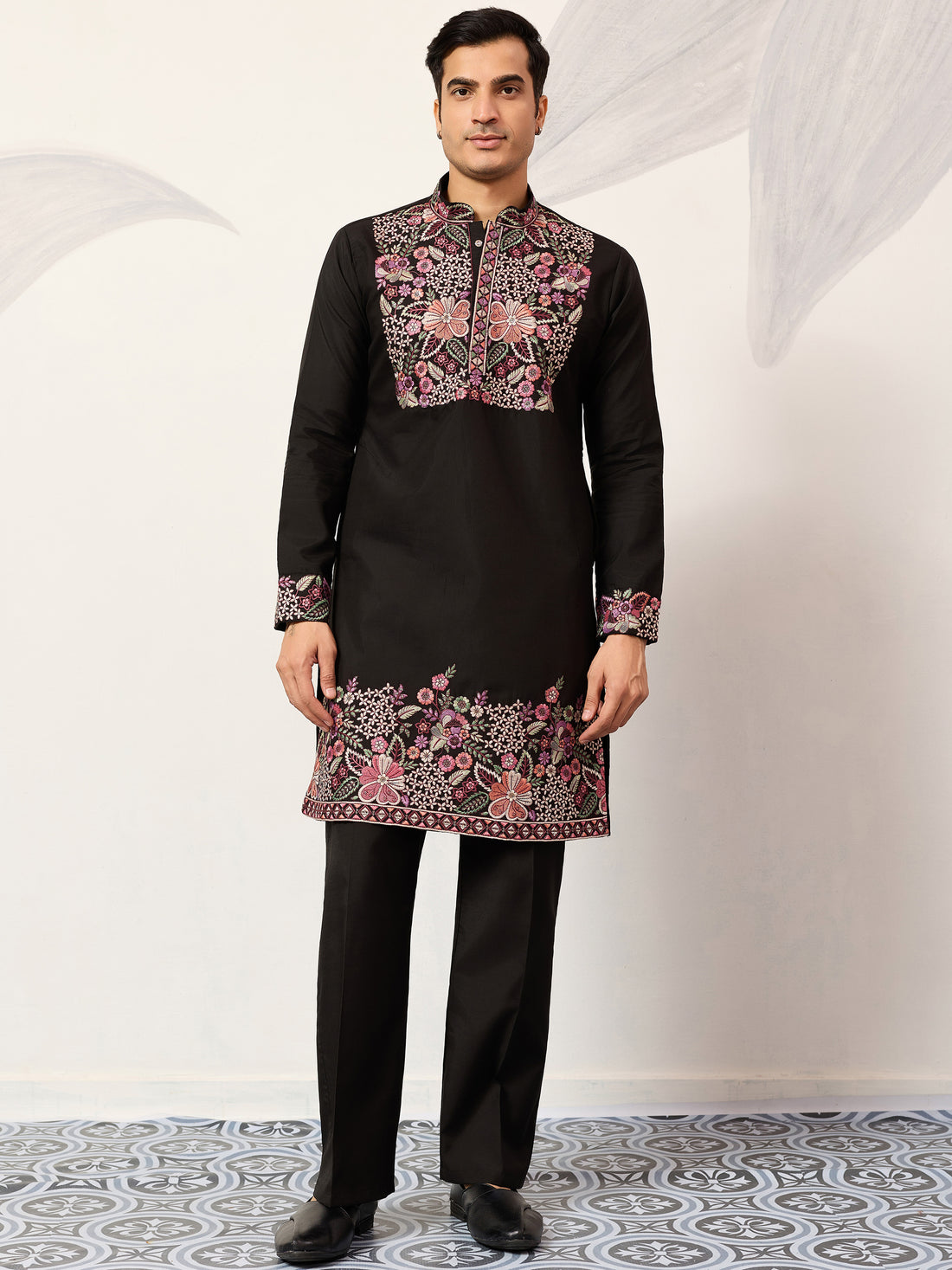 Wonderful Black Thread Work Viscose Silk Evening Wear Men's Kurta Set