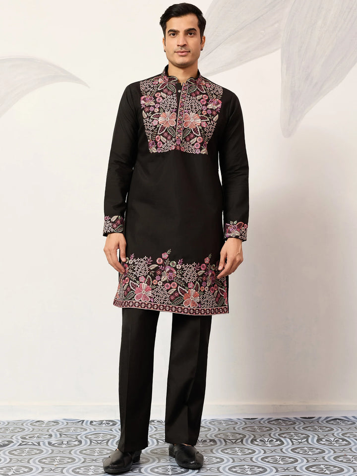 Wonderful Black Thread Work Viscose Silk Evening Wear Men's Kurta Set