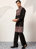 Wonderful Black Thread Work Viscose Silk Evening Wear Men's Kurta Set
