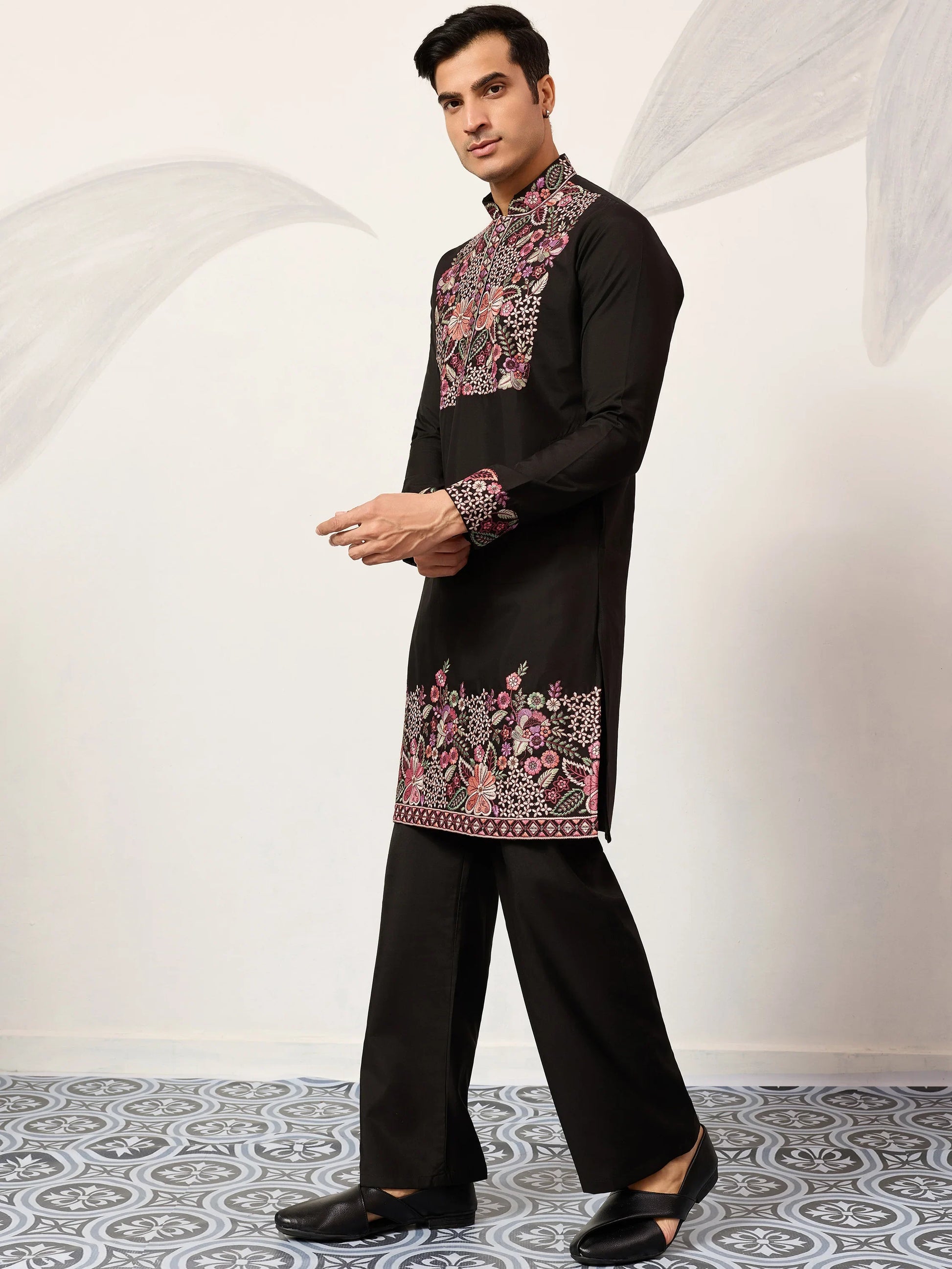 Wonderful Black Thread Work Viscose Silk Evening Wear Men's Kurta Set