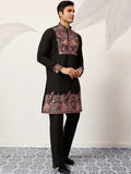 Wonderful Black Thread Work Viscose Silk Evening Wear Men's Kurta Set