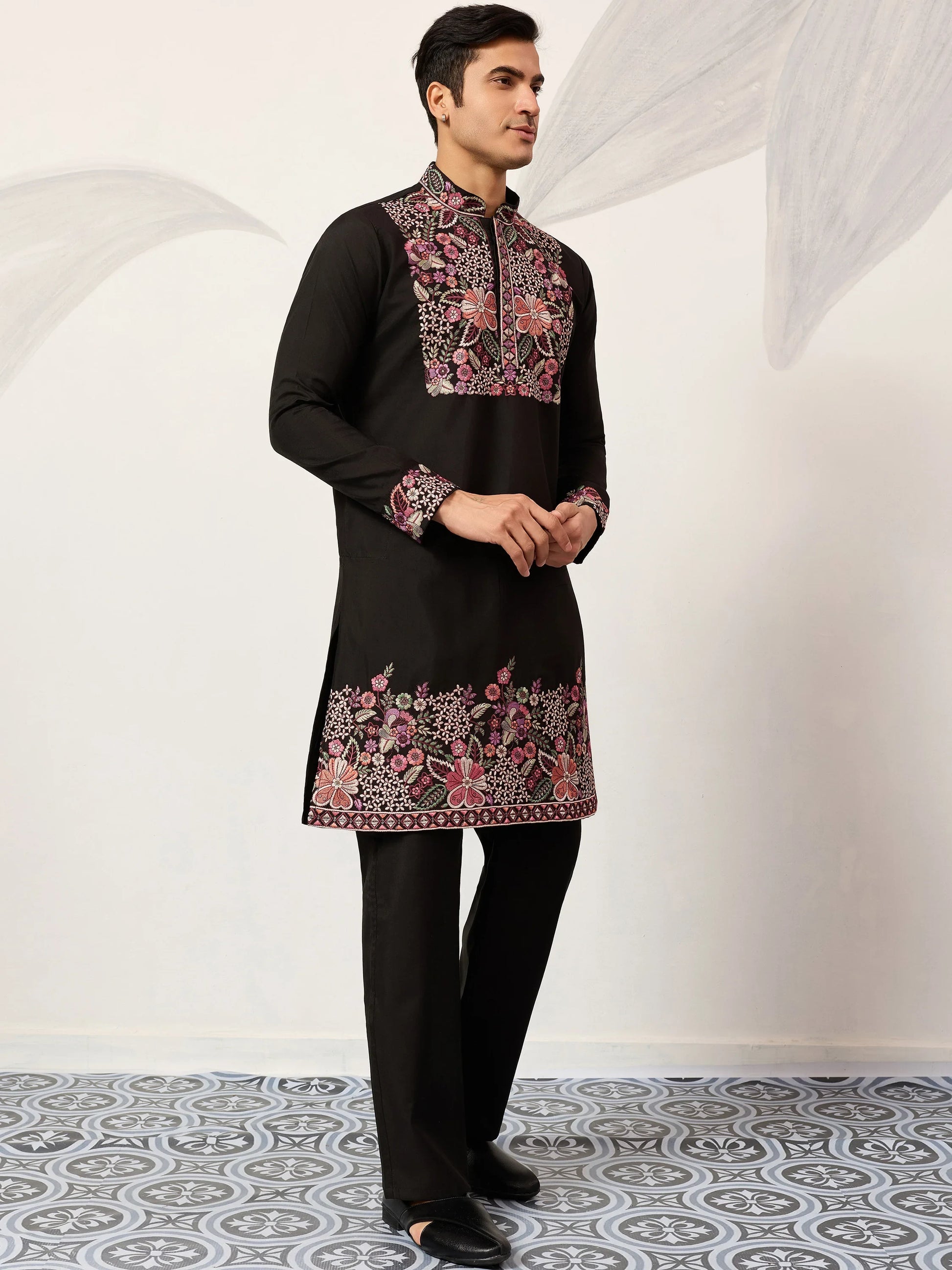 Wonderful Black Thread Work Viscose Silk Evening Wear Men's Kurta Set