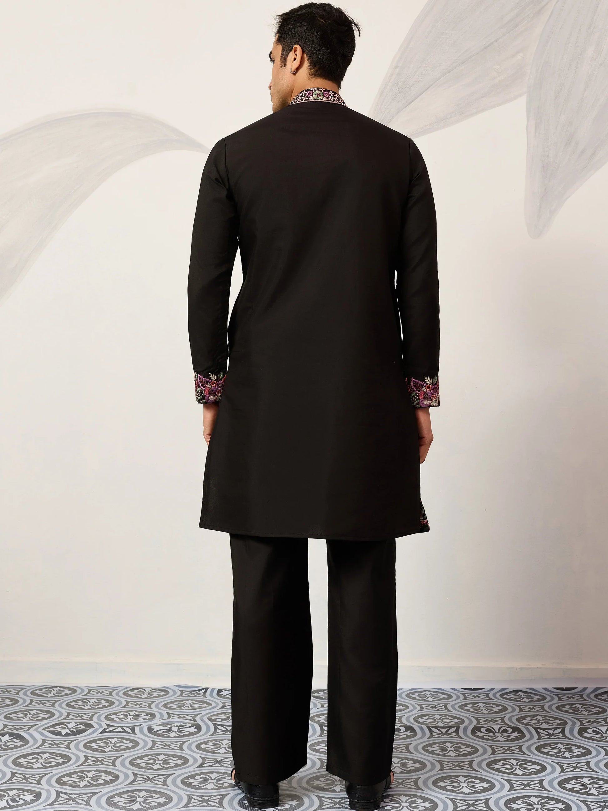 Wonderful Black Thread Work Viscose Silk Evening Wear Men's Kurta Set
