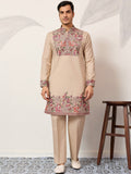 Classy Beige Thread Embroidery Viscose Silk Marriage Wear Men's Kurta Set