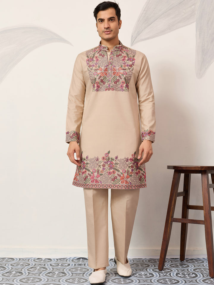 Classy Beige Thread Embroidery Viscose Silk Marriage Wear Men's Kurta Set