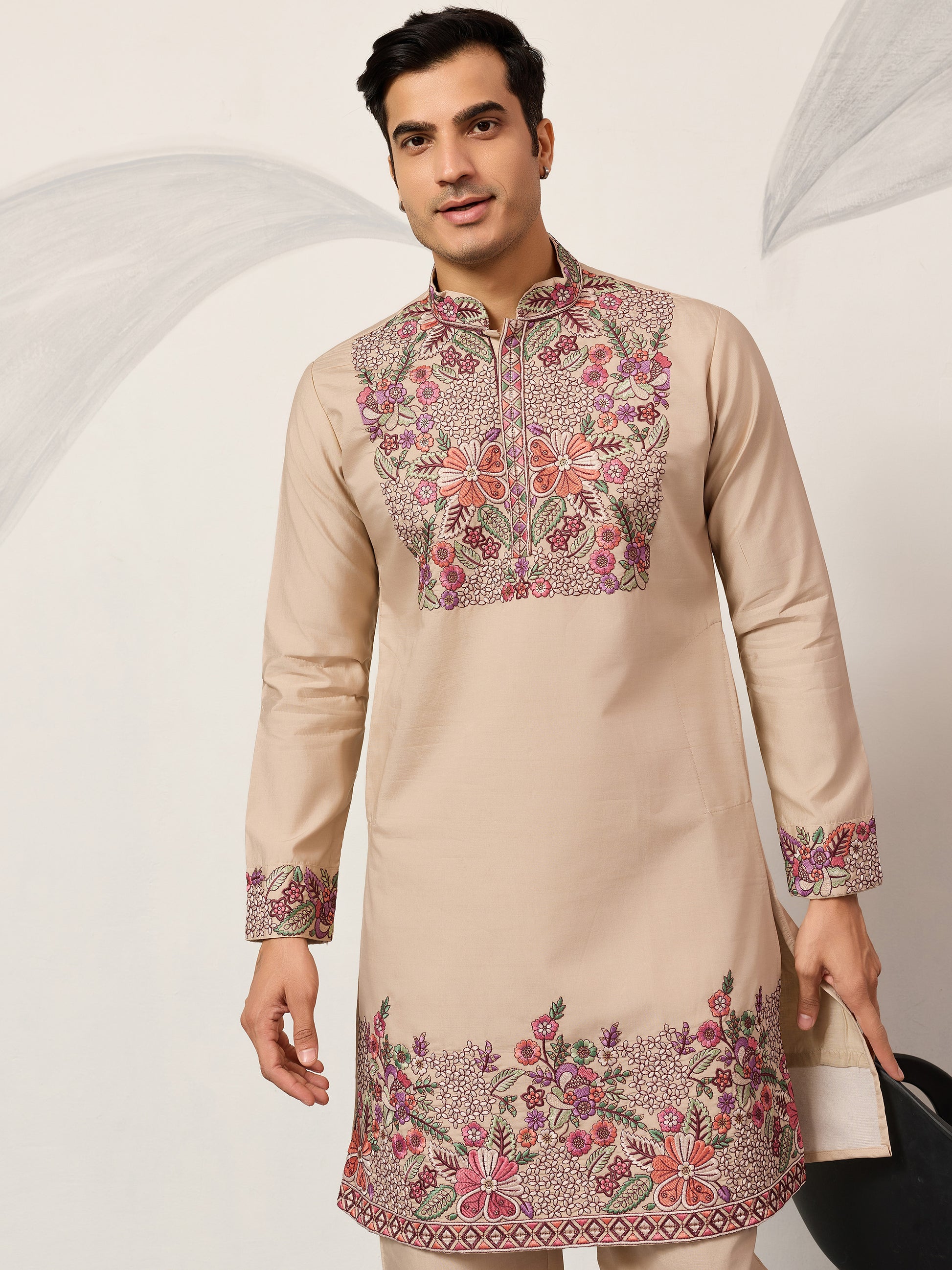 Classy Beige Thread Embroidery Viscose Silk Marriage Wear Men's Kurta Set