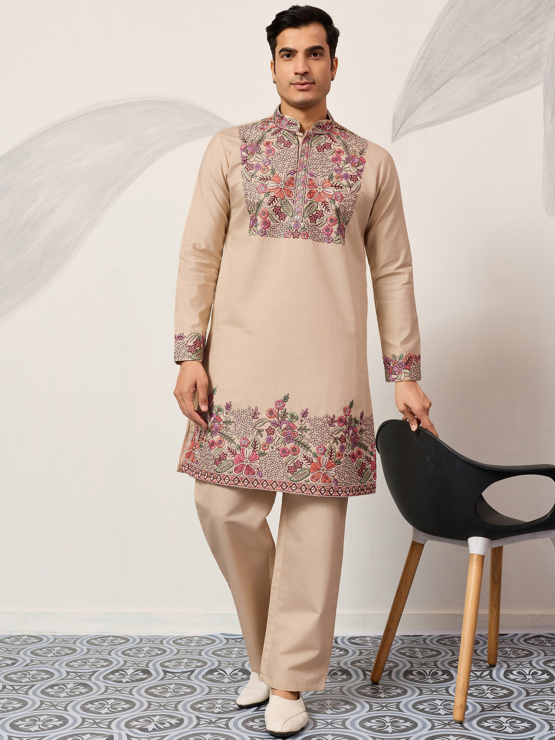 Classy Beige Thread Embroidery Viscose Silk Marriage Wear Men's Kurta Set