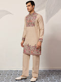 Classy Beige Thread Embroidery Viscose Silk Marriage Wear Men's Kurta Set