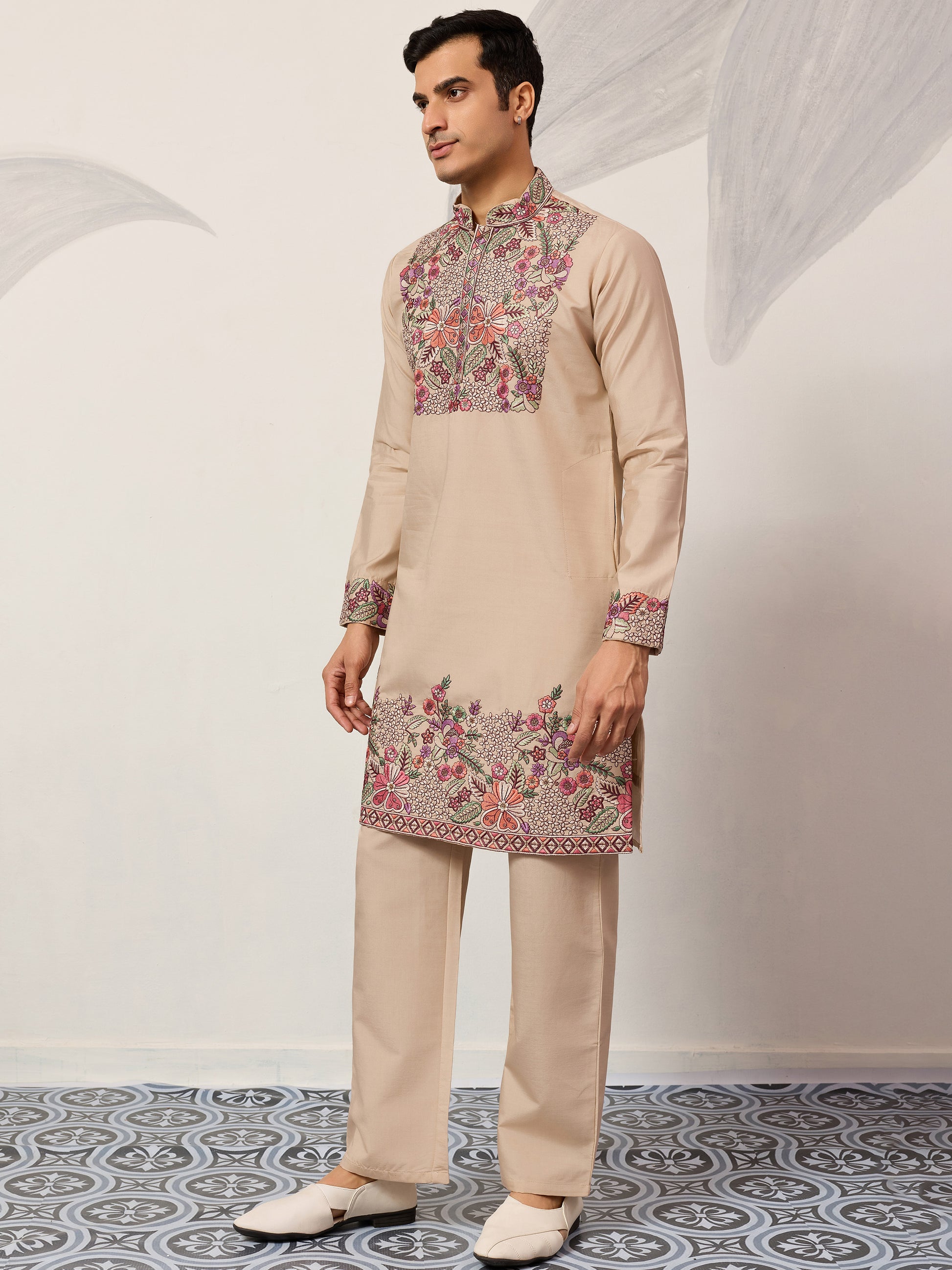 Classy Beige Thread Embroidery Viscose Silk Marriage Wear Men's Kurta Set