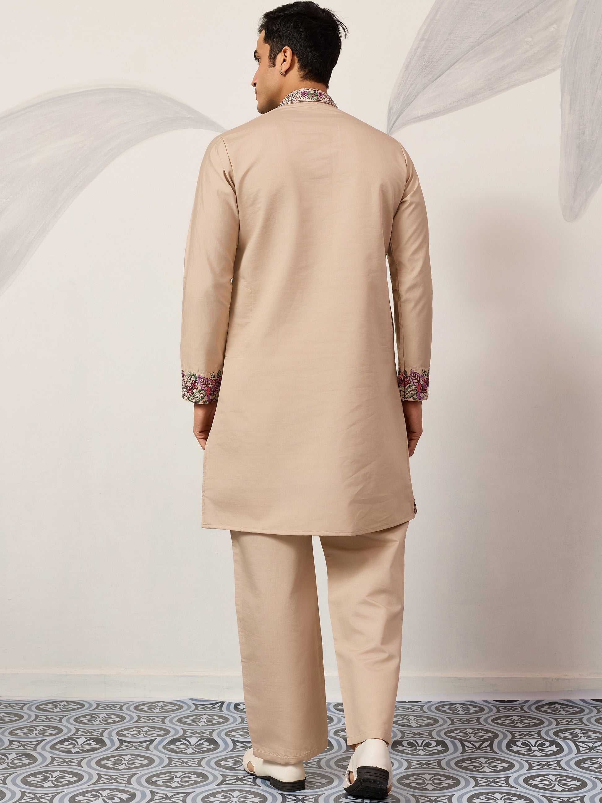 Classy Beige Thread Embroidery Viscose Silk Marriage Wear Men's Kurta Set