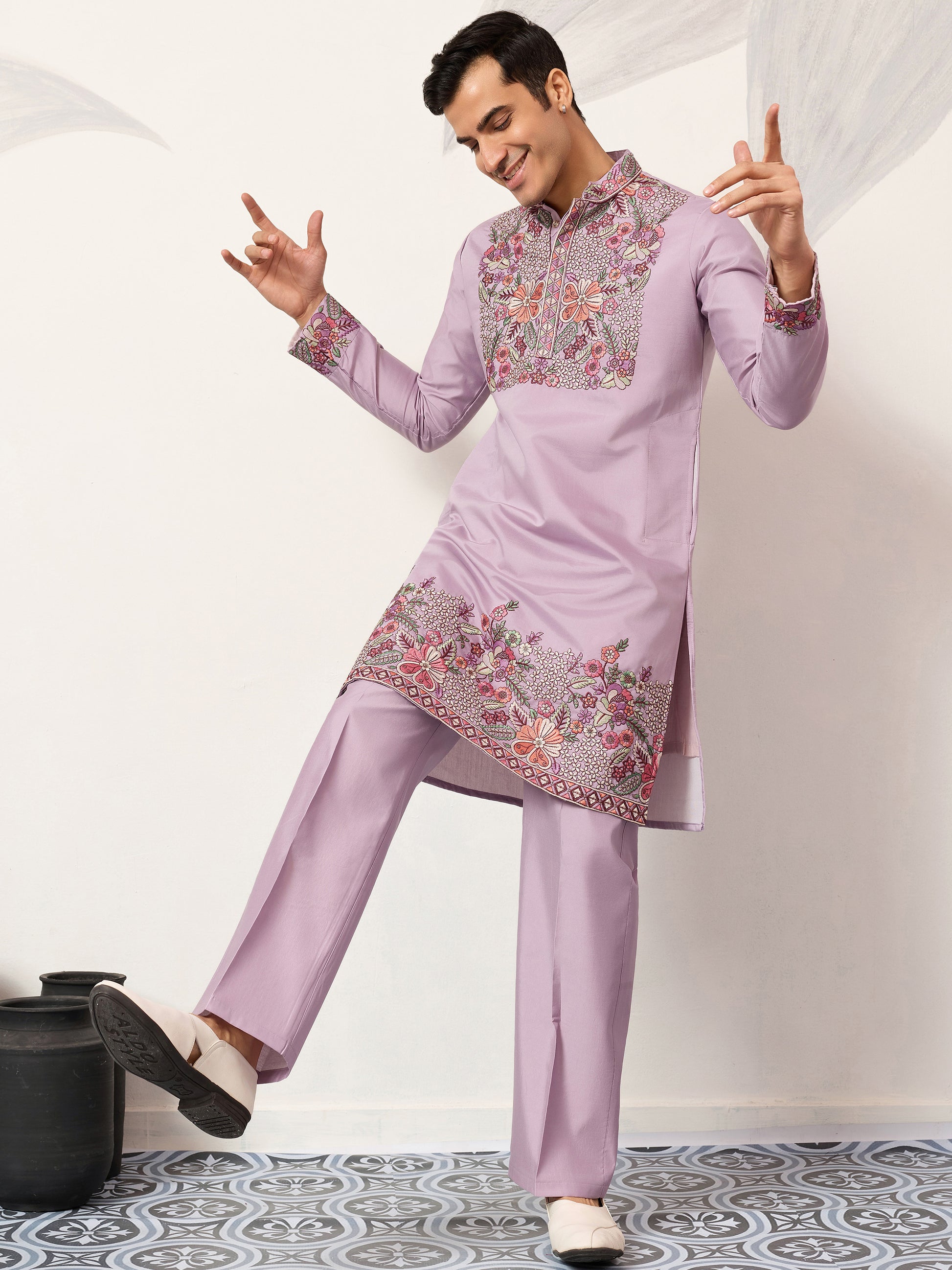 Stunning Lavender Floral Embroidered Viscose Silk Engagement Wear Men's Kurta Set