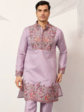 Stunning Lavender Floral Embroidered Viscose Silk Engagement Wear Men's Kurta Set