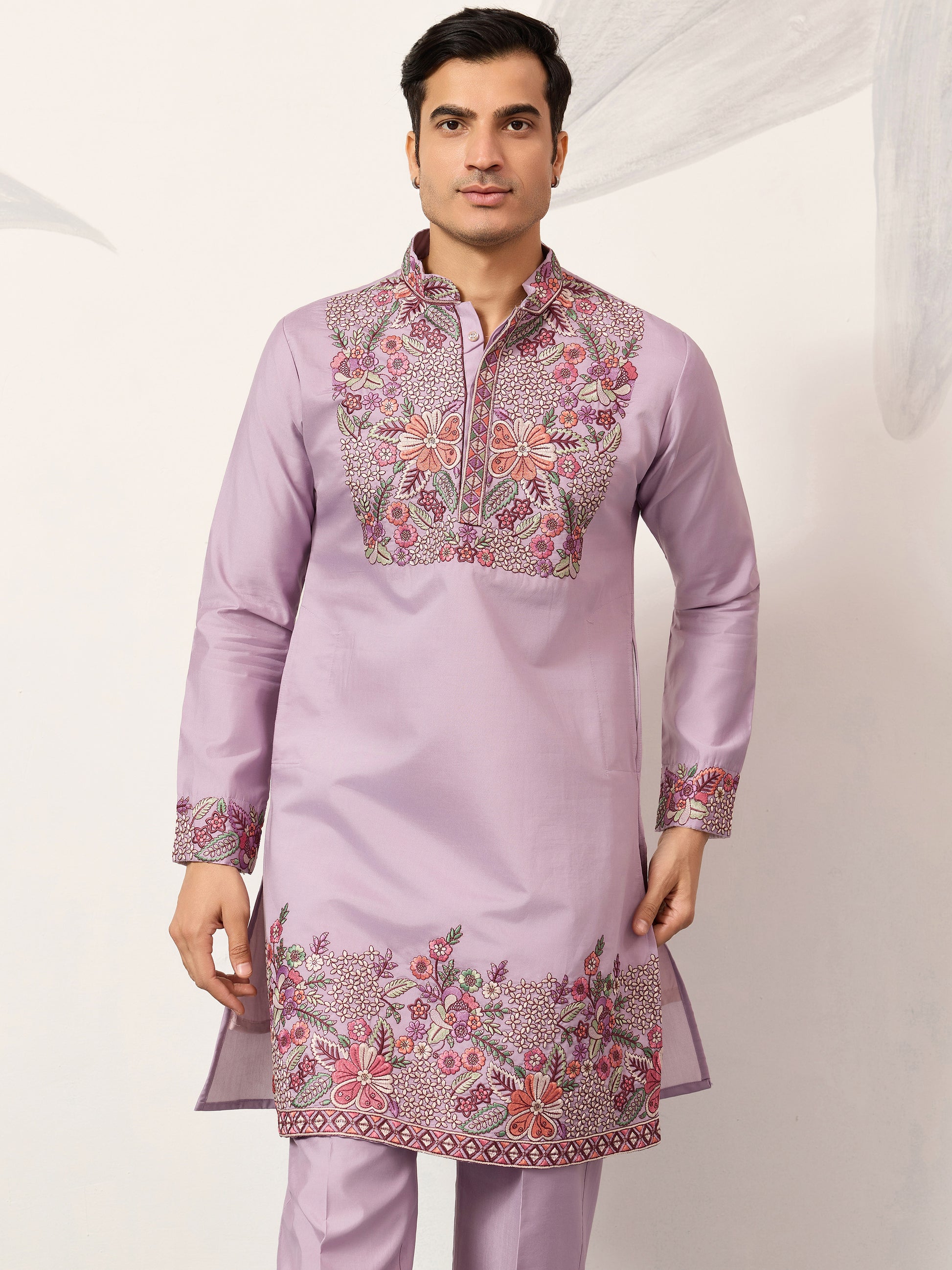 Stunning Lavender Floral Embroidered Viscose Silk Engagement Wear Men's Kurta Set