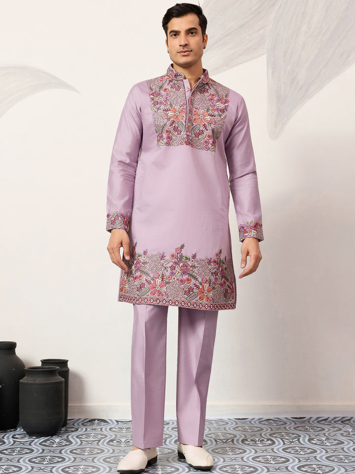 Stunning Lavender Floral Embroidered Viscose Silk Engagement Wear Men's Kurta Set