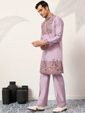 Stunning Lavender Floral Embroidered Viscose Silk Engagement Wear Men's Kurta Set