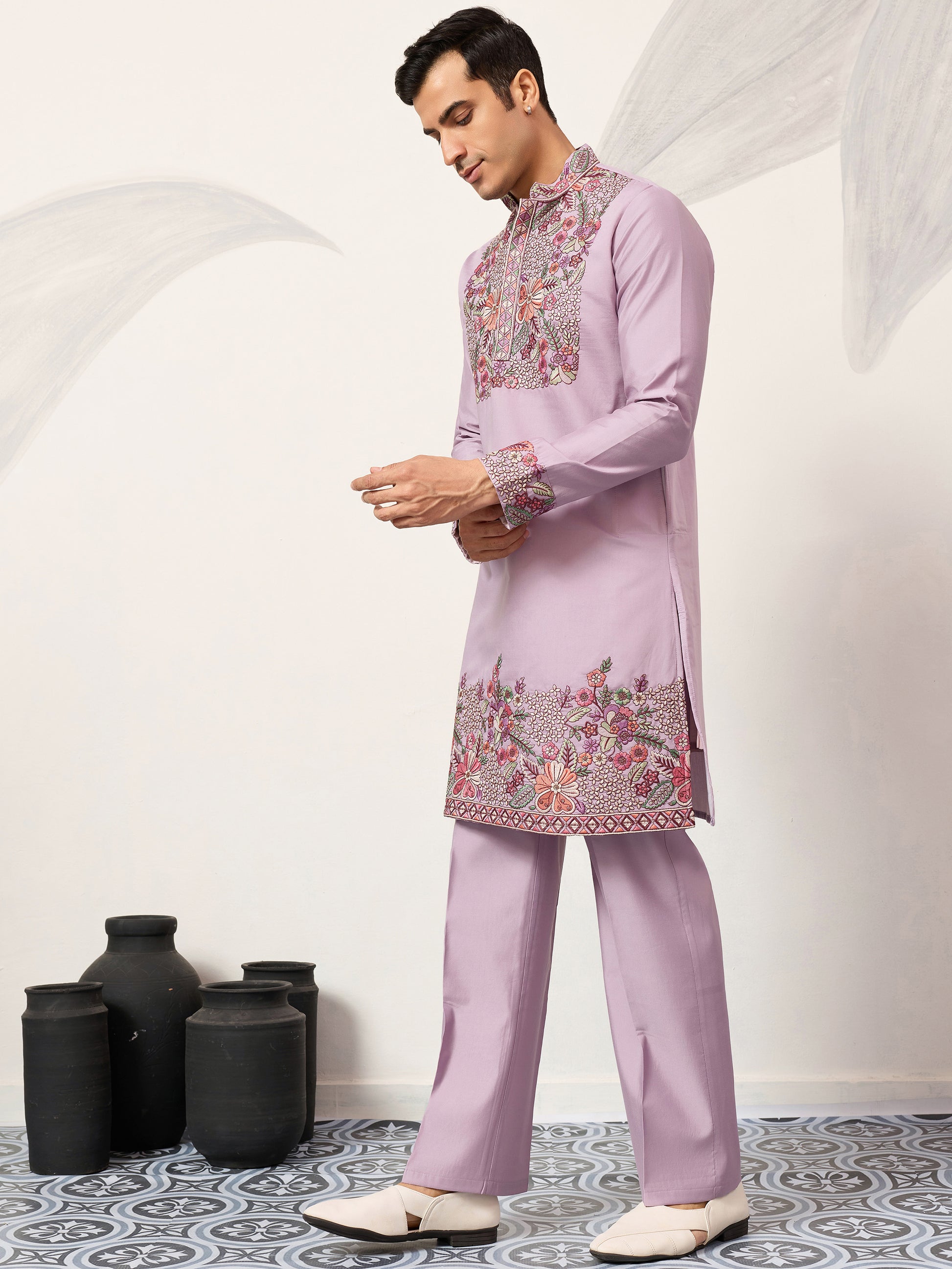 Stunning Lavender Floral Embroidered Viscose Silk Engagement Wear Men's Kurta Set