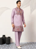 Stunning Lavender Floral Embroidered Viscose Silk Engagement Wear Men's Kurta Set