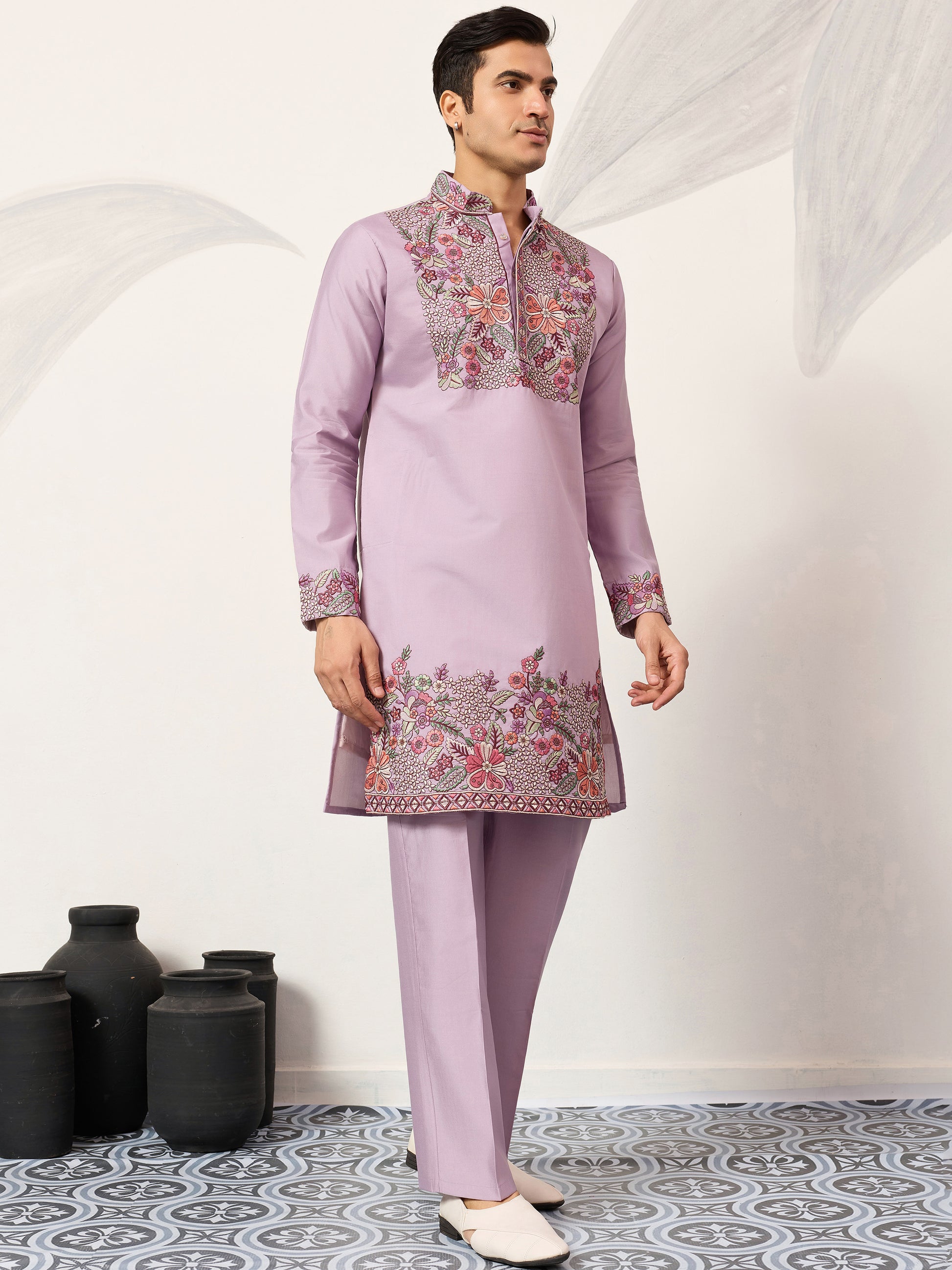 Stunning Lavender Floral Embroidered Viscose Silk Engagement Wear Men's Kurta Set