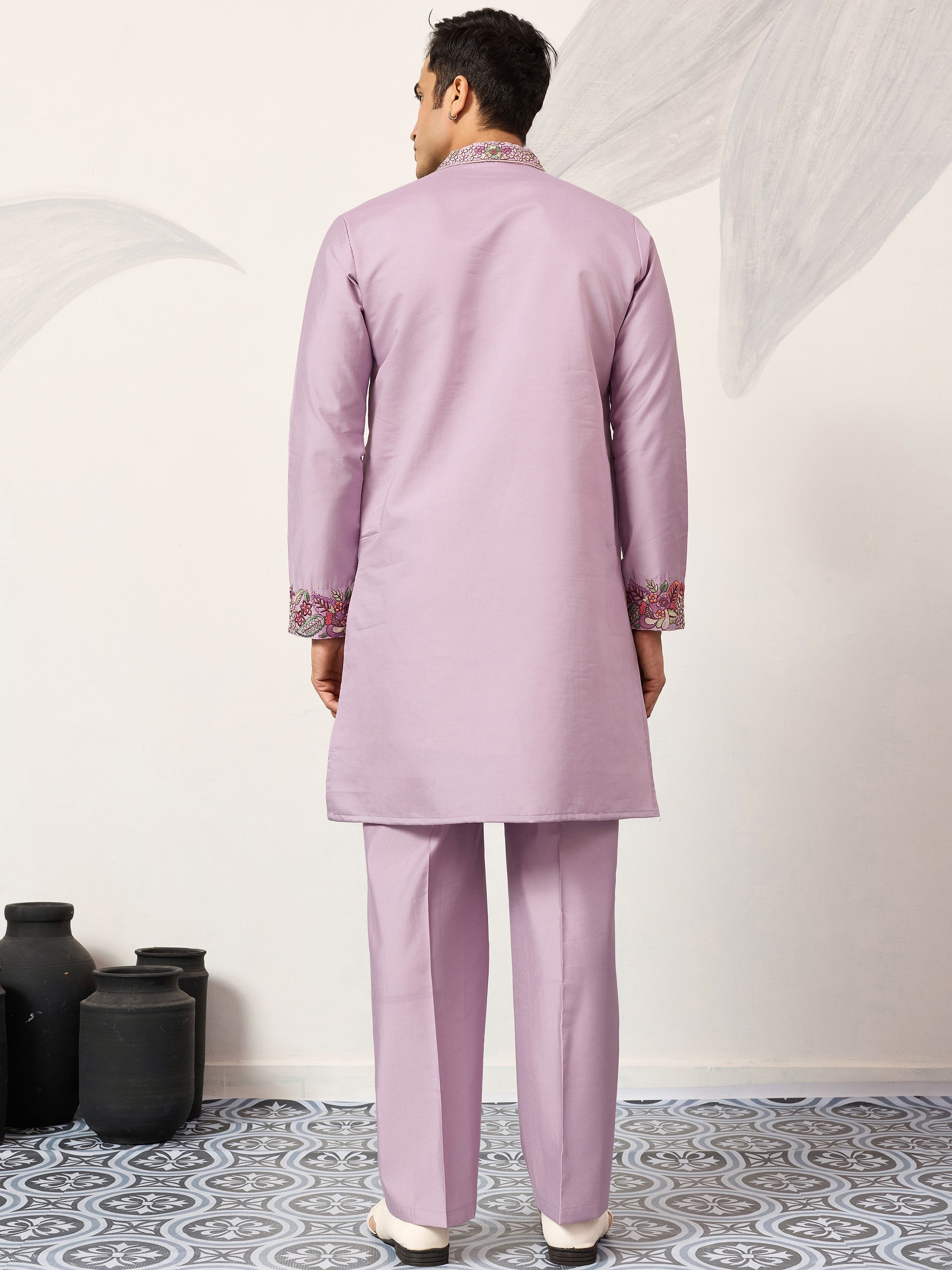 Stunning Lavender Floral Embroidered Viscose Silk Engagement Wear Men's Kurta Set