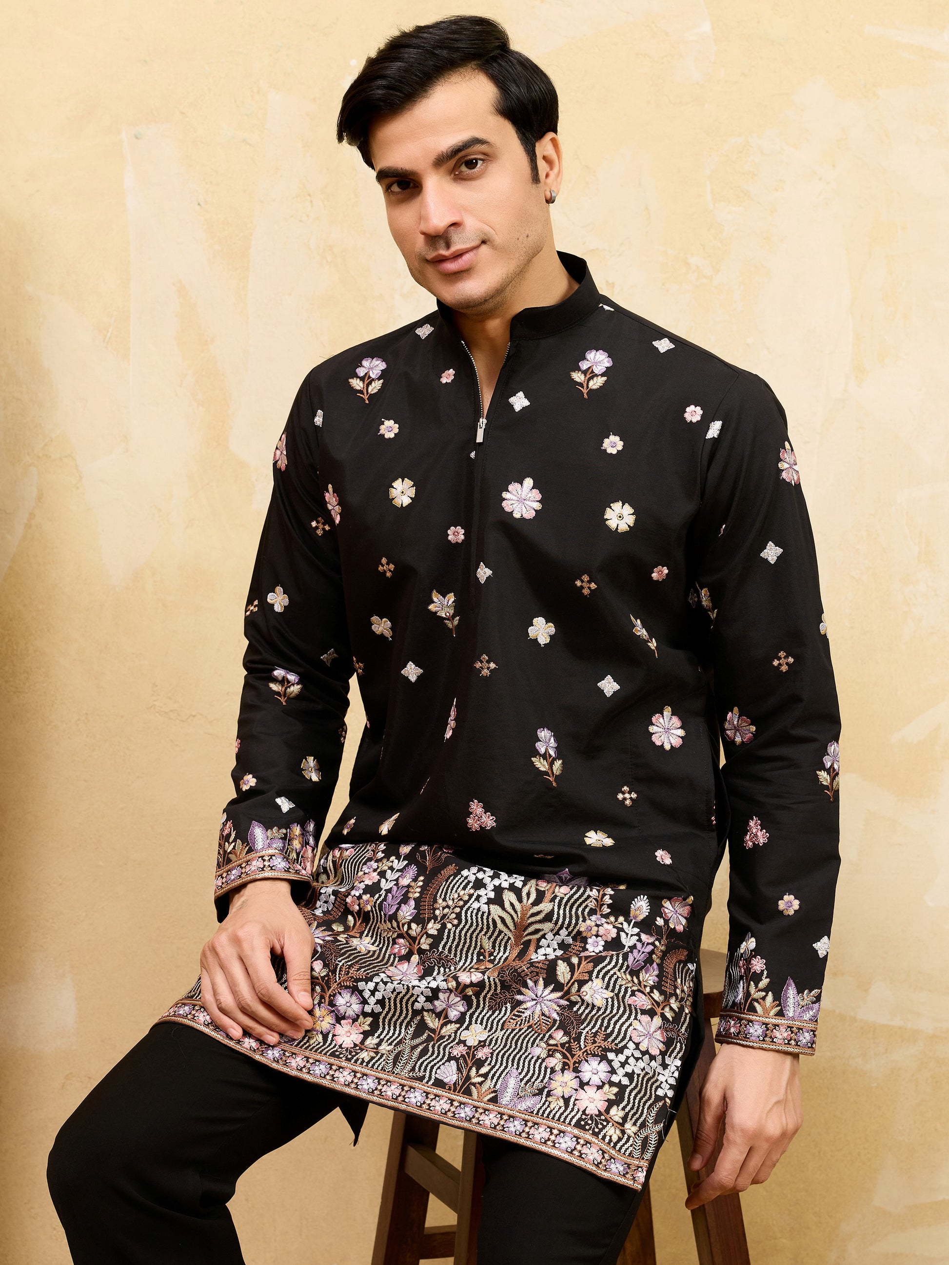 Glorious Black Multi Thread Work Silk Function Wear Men's Kurta