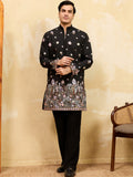 Glorious Black Multi Thread Work Silk Function Wear Men's Kurta