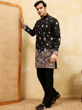 Glorious Black Multi Thread Work Silk Function Wear Men's Kurta