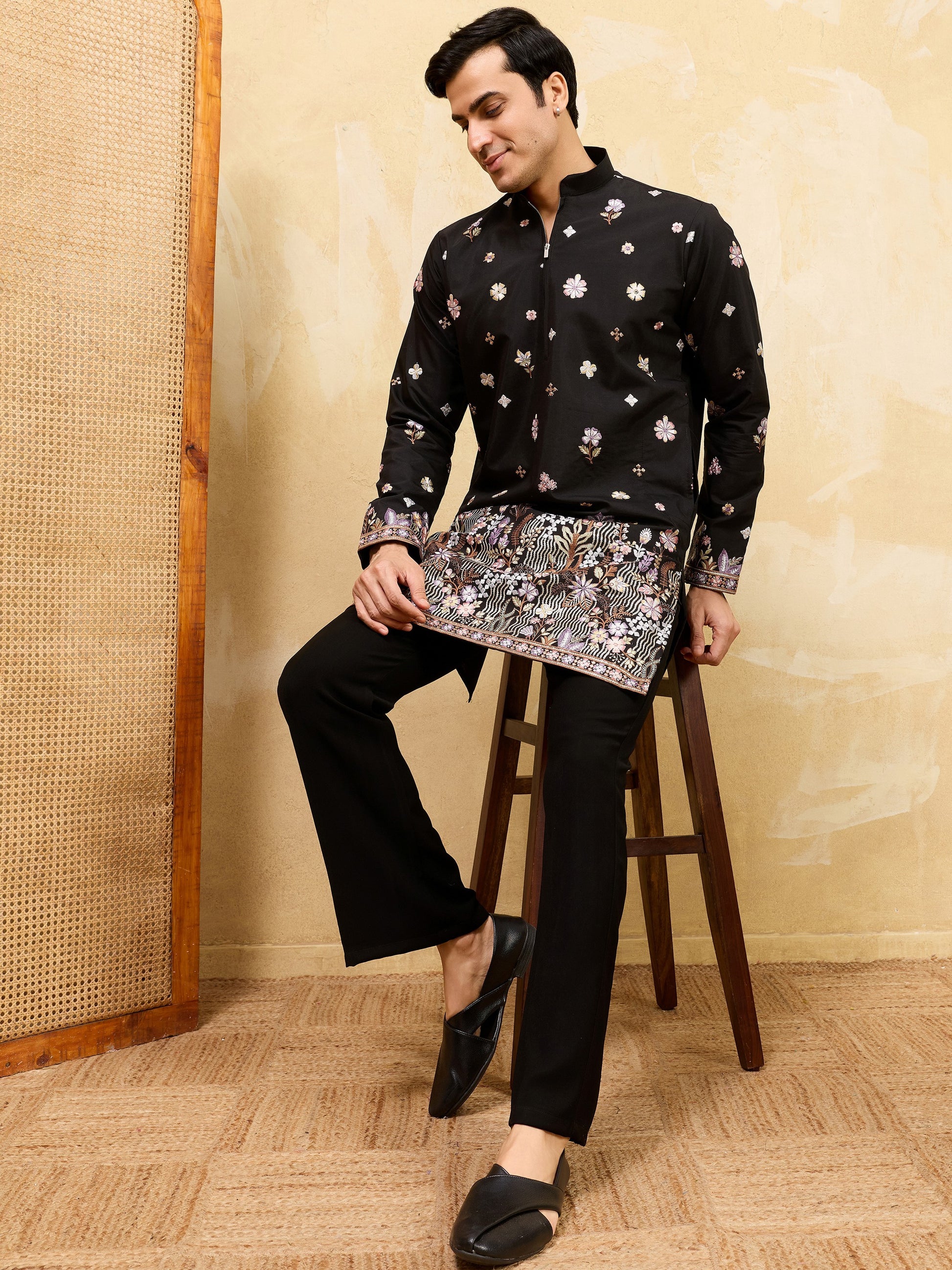 Glorious Black Multi Thread Work Silk Function Wear Men's Kurta