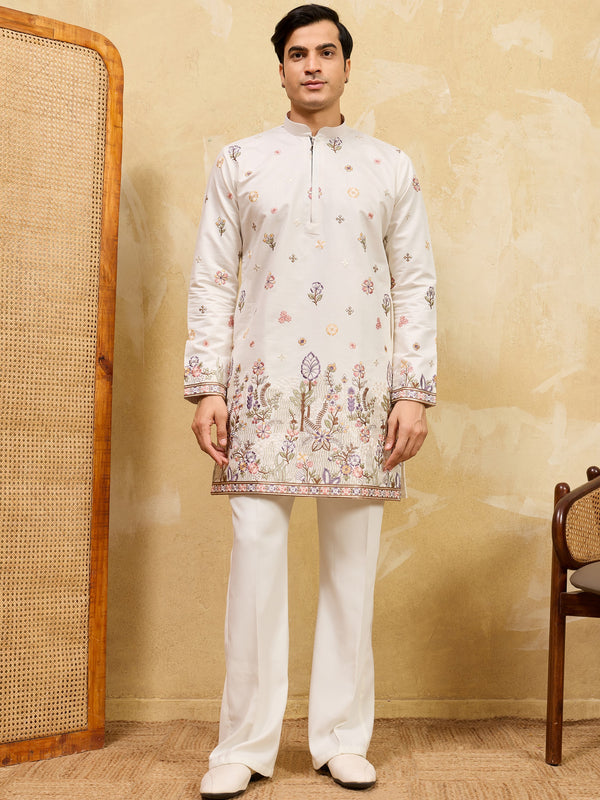Fantastic White Thread Embroidery Silk Festive Wear Men's Kurta