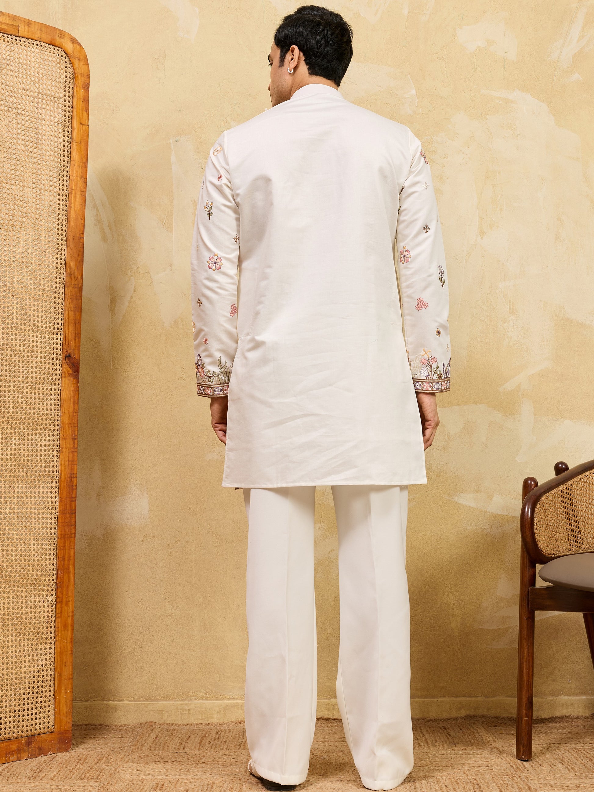 Fantastic White Thread Embroidery Silk Festive Wear Men's Kurta
