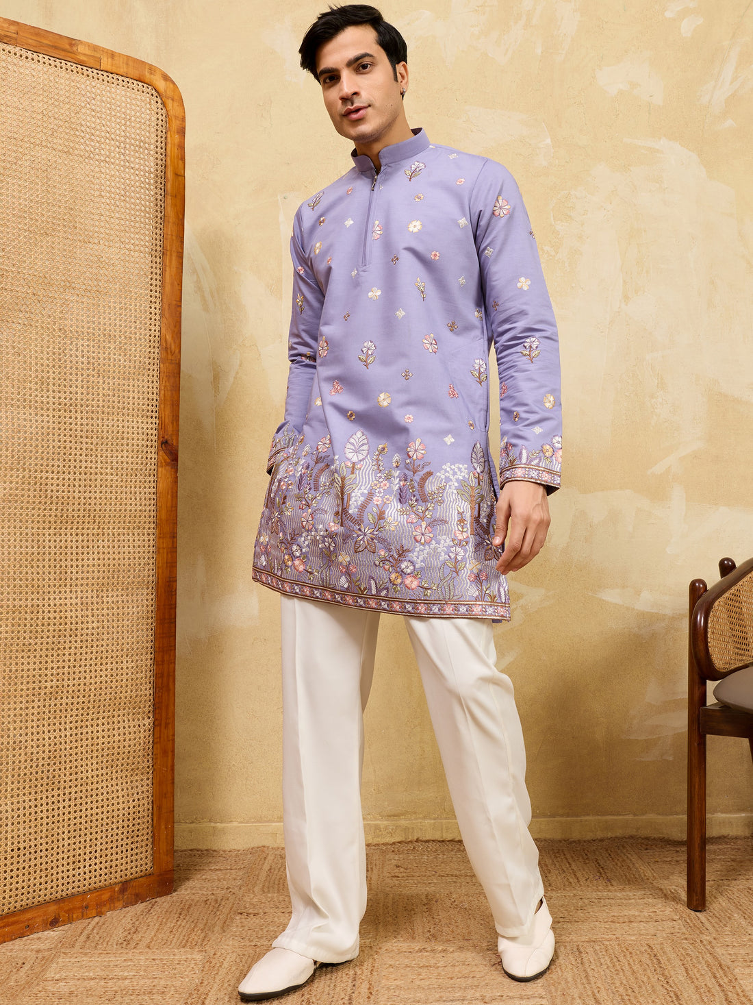 Fabulous Lavender Floral Embroidered Silk Wedding Wear Men's Kurta