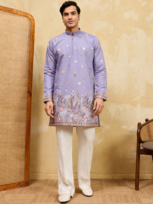 Fabulous Lavender Floral Embroidered Silk Wedding Wear Men's Kurta