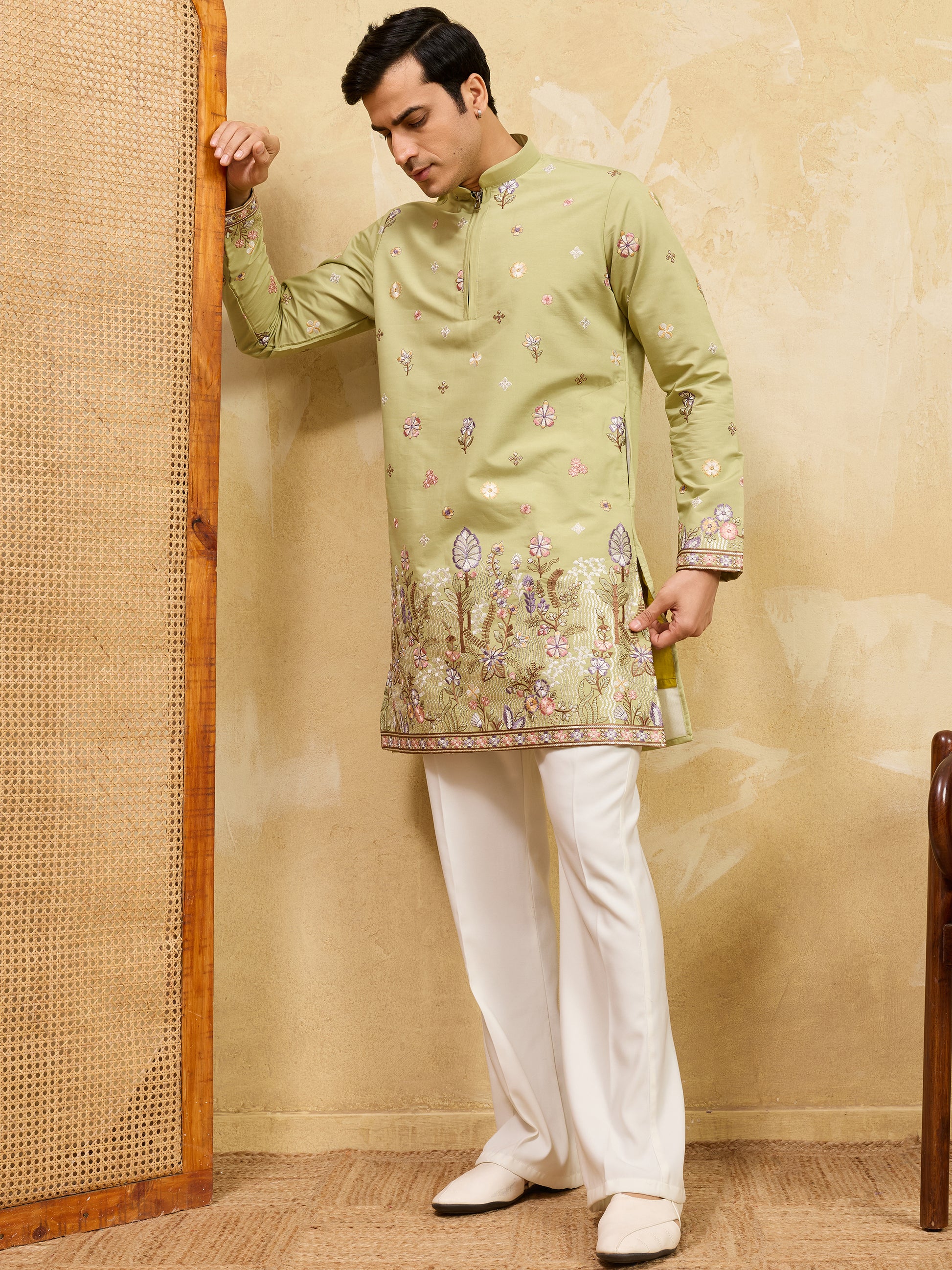 Graceful Pista Green Embroidered Silk Event Wear Men's Kurta