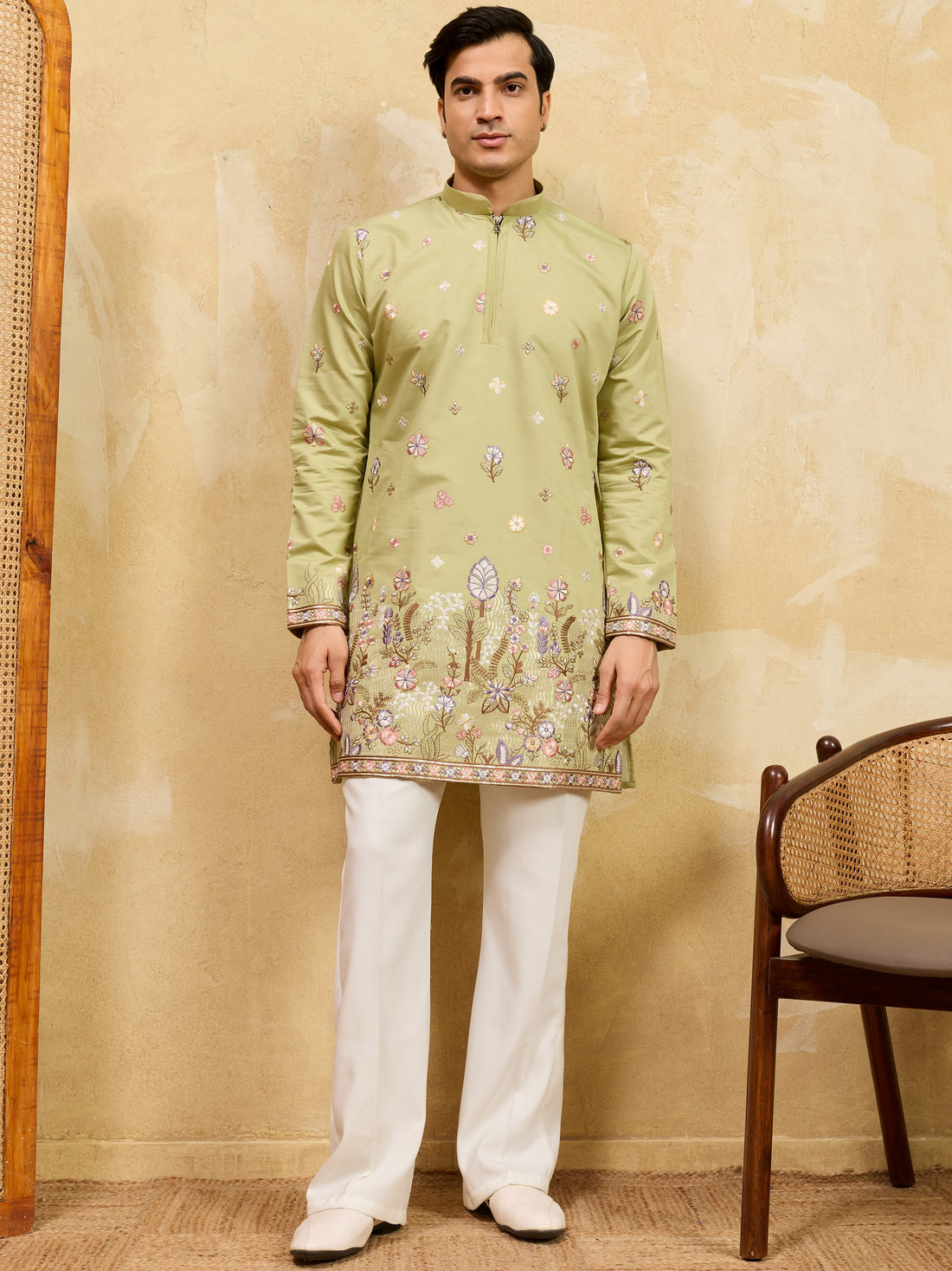 Graceful Pista Green Embroidered Silk Event Wear Men's Kurta