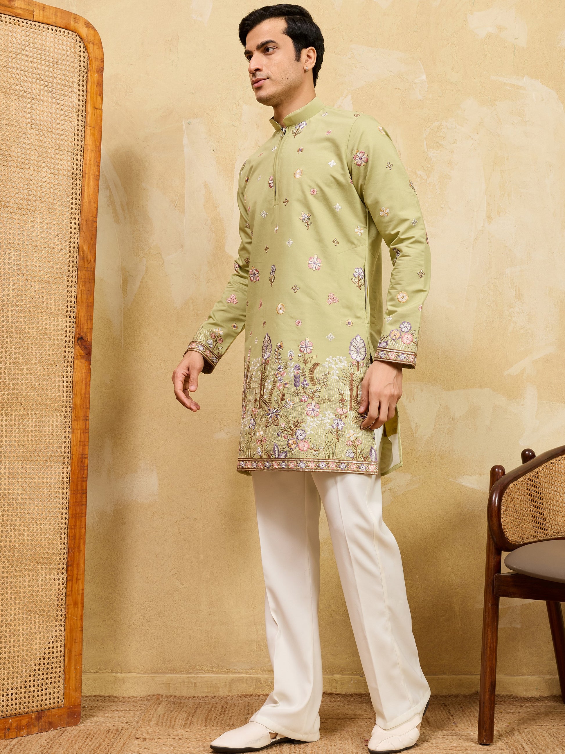 Graceful Pista Green Embroidered Silk Event Wear Men's Kurta