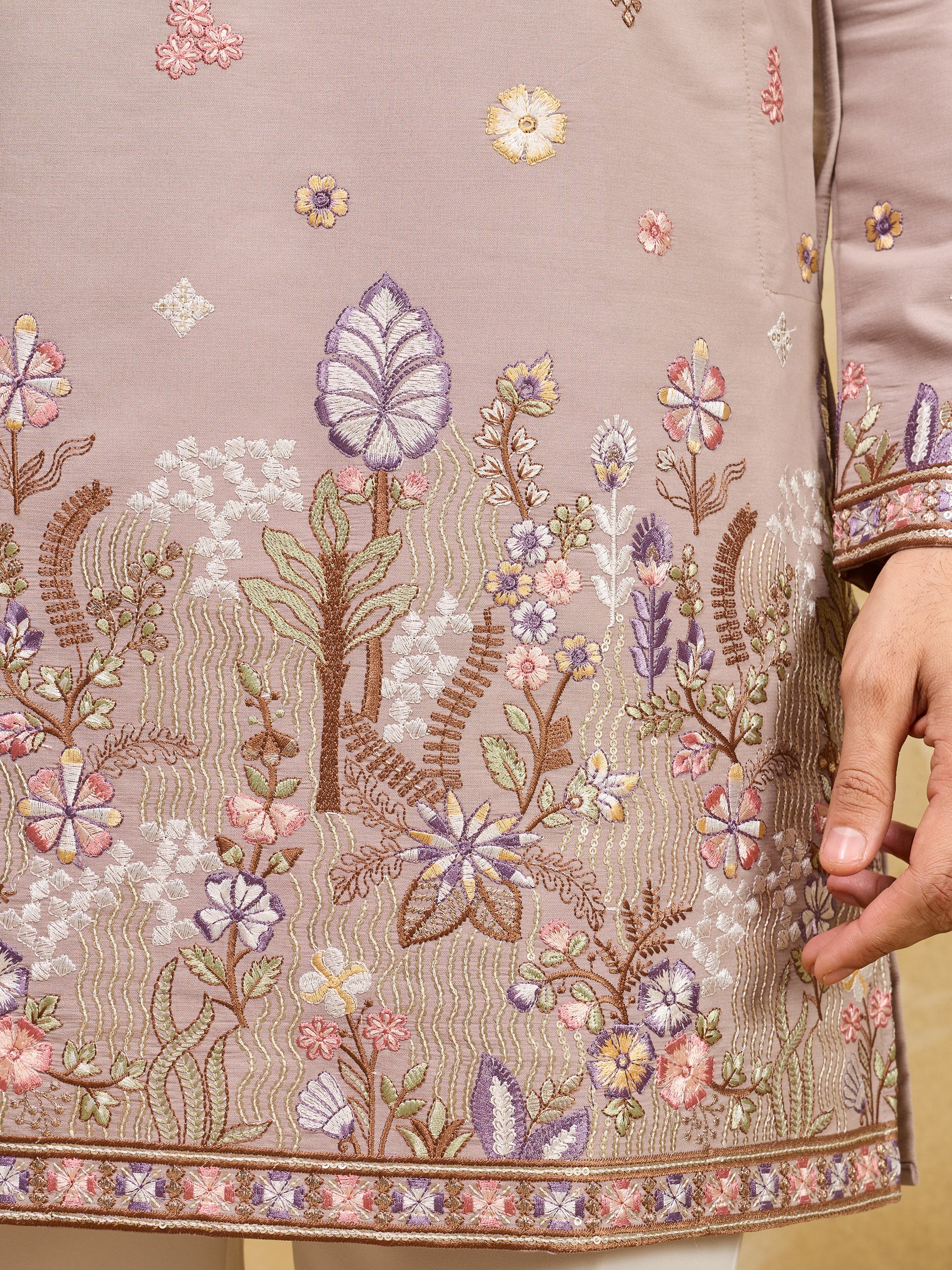 Gorgeous Beige Sequins Work Silk Traditional Men's Kurta