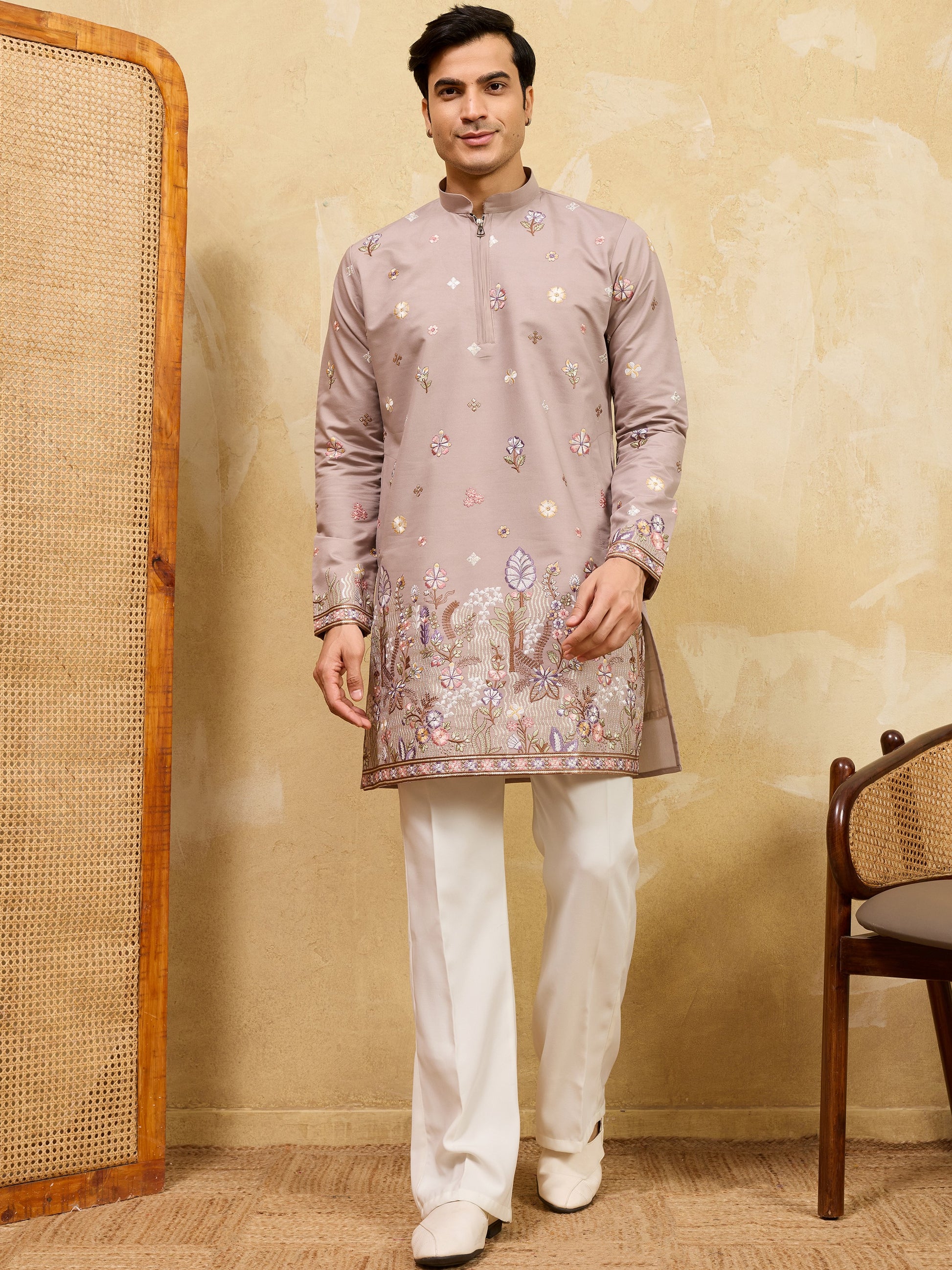 Gorgeous Beige Sequins Work Silk Traditional Men's Kurta