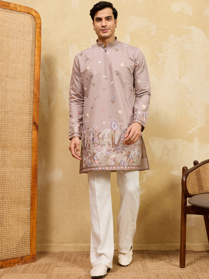 Gorgeous Beige Sequins Work Silk Traditional Men's Kurta