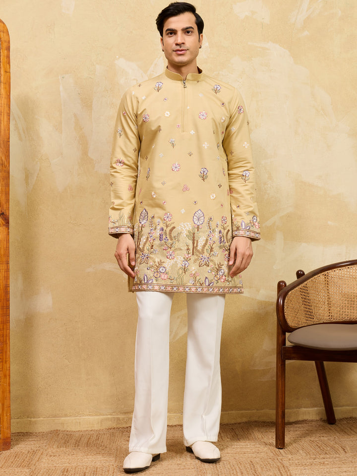 Magnificent Yellow Multi Thread Work Silk Haldi Wear Men's Kurta