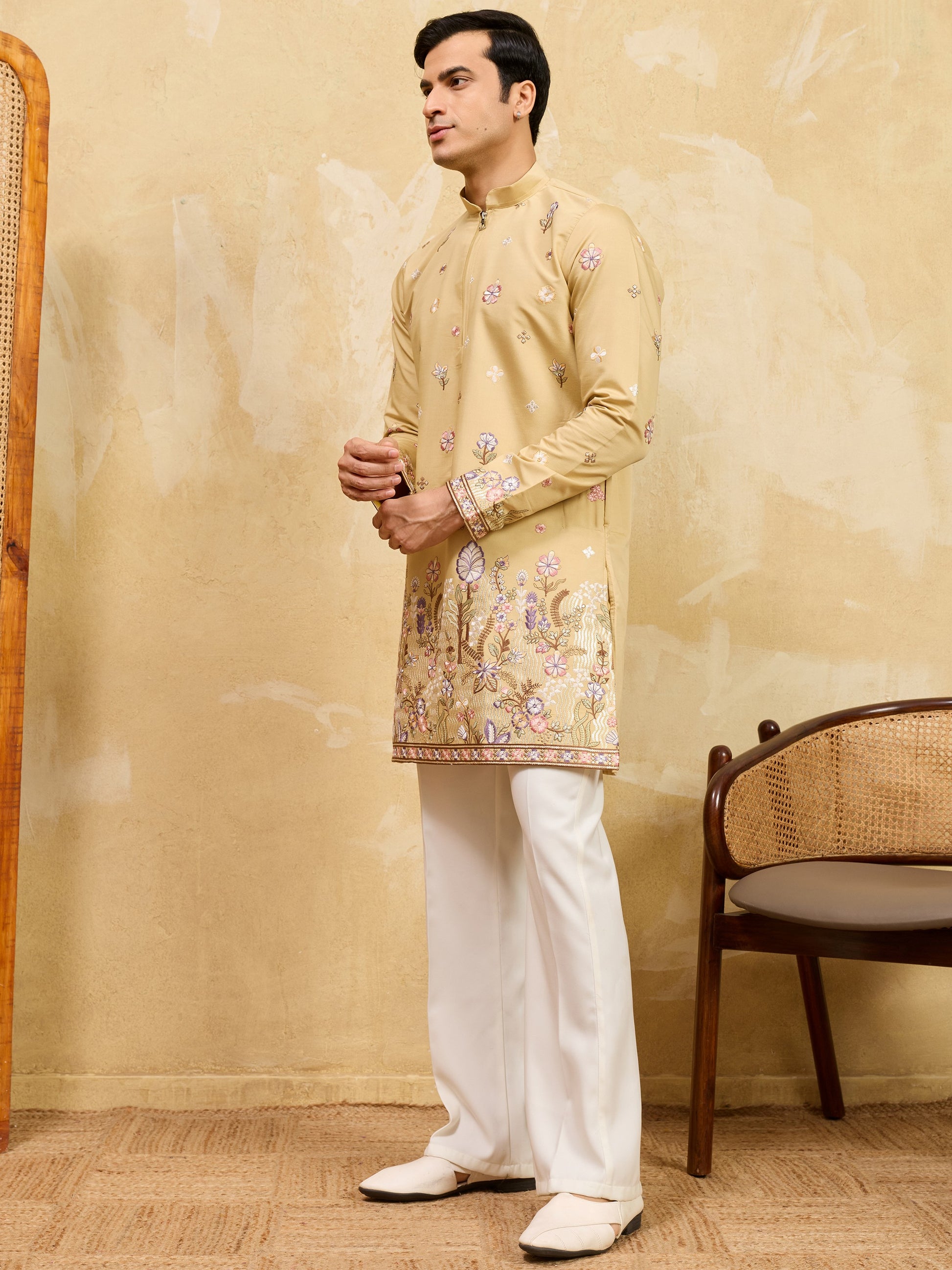 Magnificent Yellow Multi Thread Work Silk Haldi Wear Men's Kurta