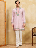 Pretty Pink Multi Thread Embroidery Silk Wedding Wear Men's Kurta